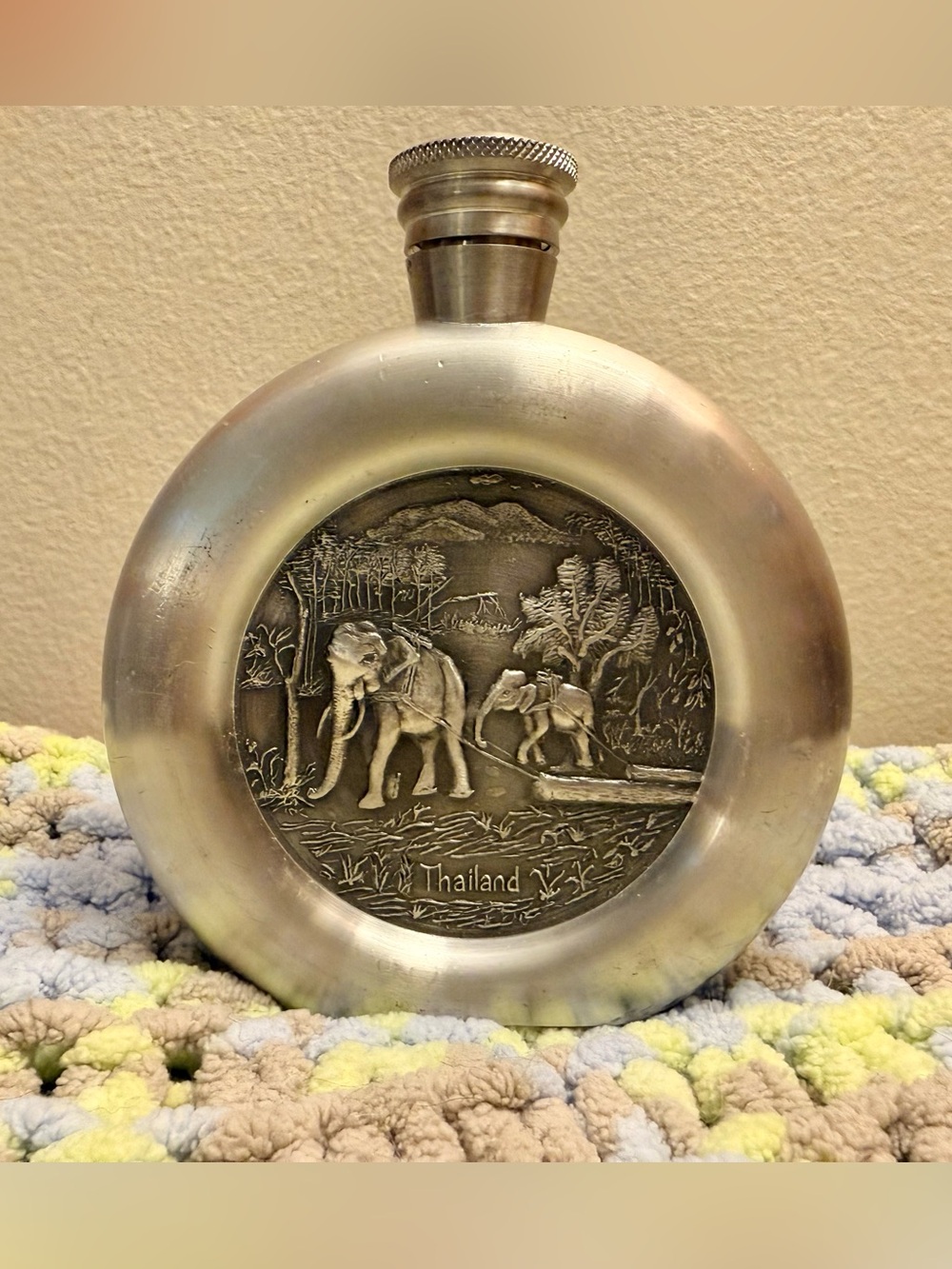 Vintage P.D. Pewter Thailand Round Hip Flask